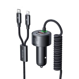 Автомобильное зарядное устройство Mcdodo [CC-0370] PD+PPS+QC Quick Car Charger 3A 120W (with LED Spring cable USB-C+Lightning) - фото 1
