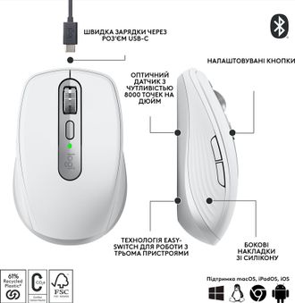 Ігрова миша бездротова Logitech MX Anywhere 3S Bluetooth Pale Grey (910-006930) - фото 2