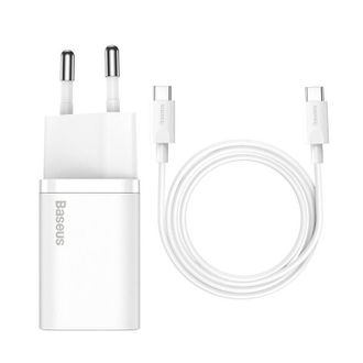 МЗП Baseus Super Silicone PD Charger 25W (1Type-C) + Cable Type-C to Type-C 3A (1m) - white (TZCCSUP-L02) - фото 1