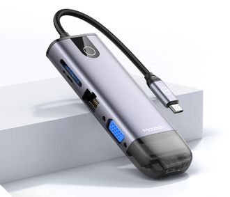 HUB Mcdodo [HU-7420] 10in1 USB-C to 2xUSB3.0+2xUSB2.0+VGA+HDMI+RJ45+SD/Micro SD+PD 100W (Grey) - фото 2