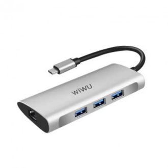 Переходник HUB Wiwu Type-C 6in1 LAN, SD,3*USB 3.0 /silver/ - фото 1 Переходник HUB Wiwu Type-C 6in1 LAN, SD,3*USB 3.0 /silver/ - фото 1