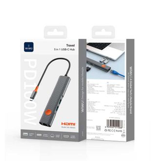 Хаб WIWU [Wi-HB005] Travel 5in1 USB-C to 2xUSB3.1+HDMI+RJ45+PD 100W (Grey) - фото 3