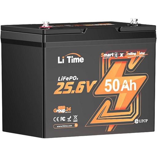 Аккумулятор LiTime LiFePO4 25.6V 50Ач 1280Wh Bluetooth 5.0, 6000Cycles, BMS50A, ≤40mΩ, IP65, L206*B168*H211 mm, 9.6 kg