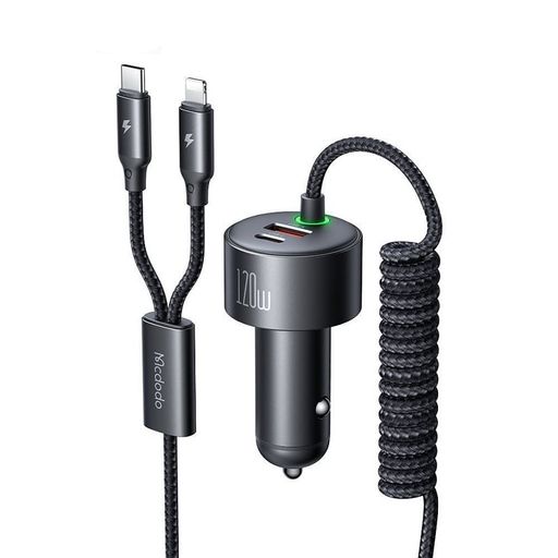 Автомобильное зарядное устройство Mcdodo [CC-0370] PD+PPS+QC Quick Car Charger 3A 120W (with LED Spring cable USB-C+Lightning)